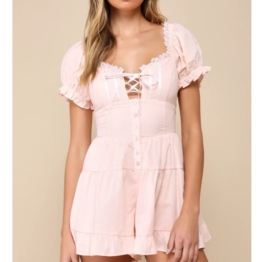 NWT Lulu's Completely Precious Blush Lace-Up Puff Sleeve Corset Romper